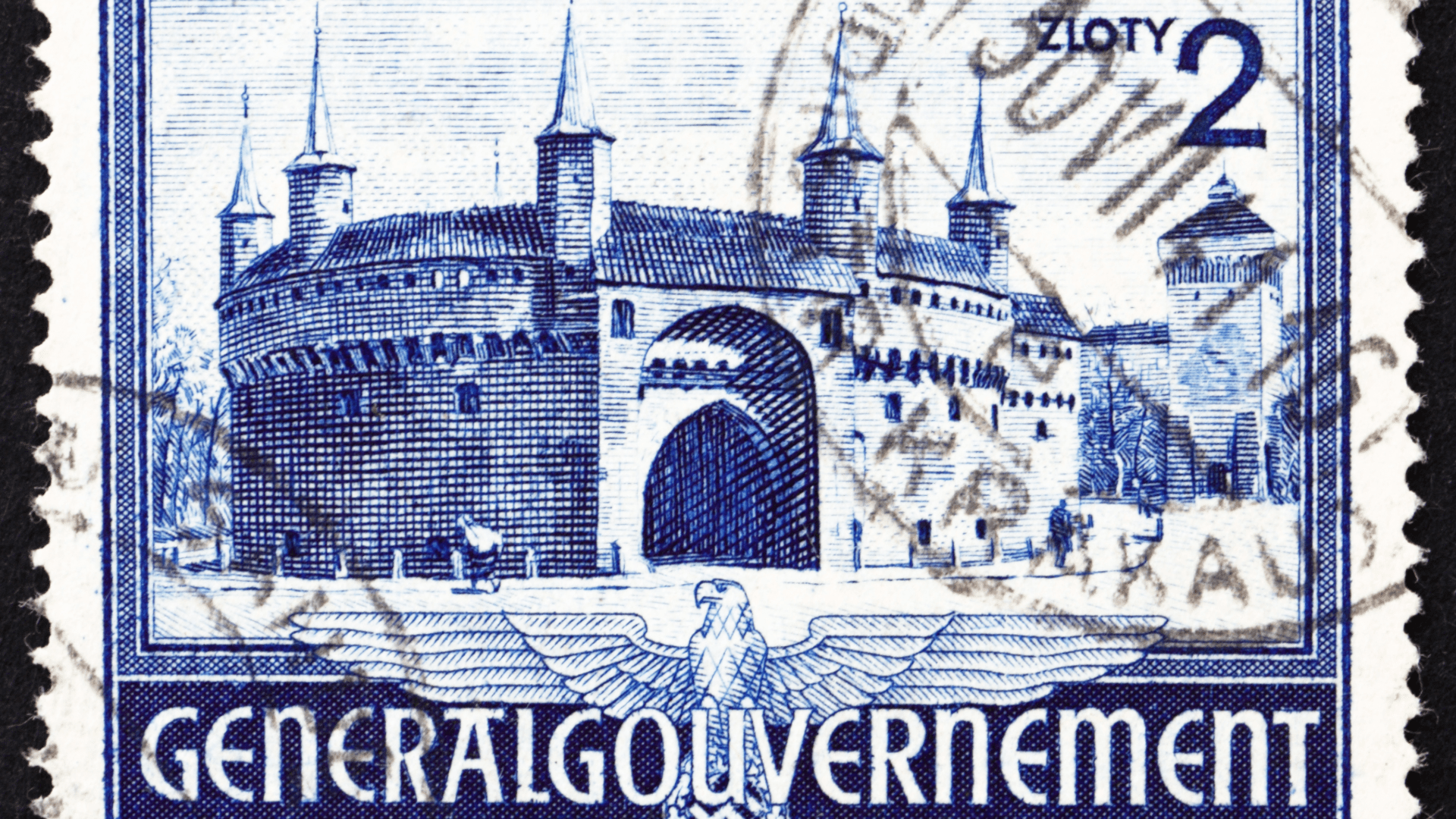 Vintage blue Polish postage stamp showing Kraków architecture, marked “Generalgouvernement.”
