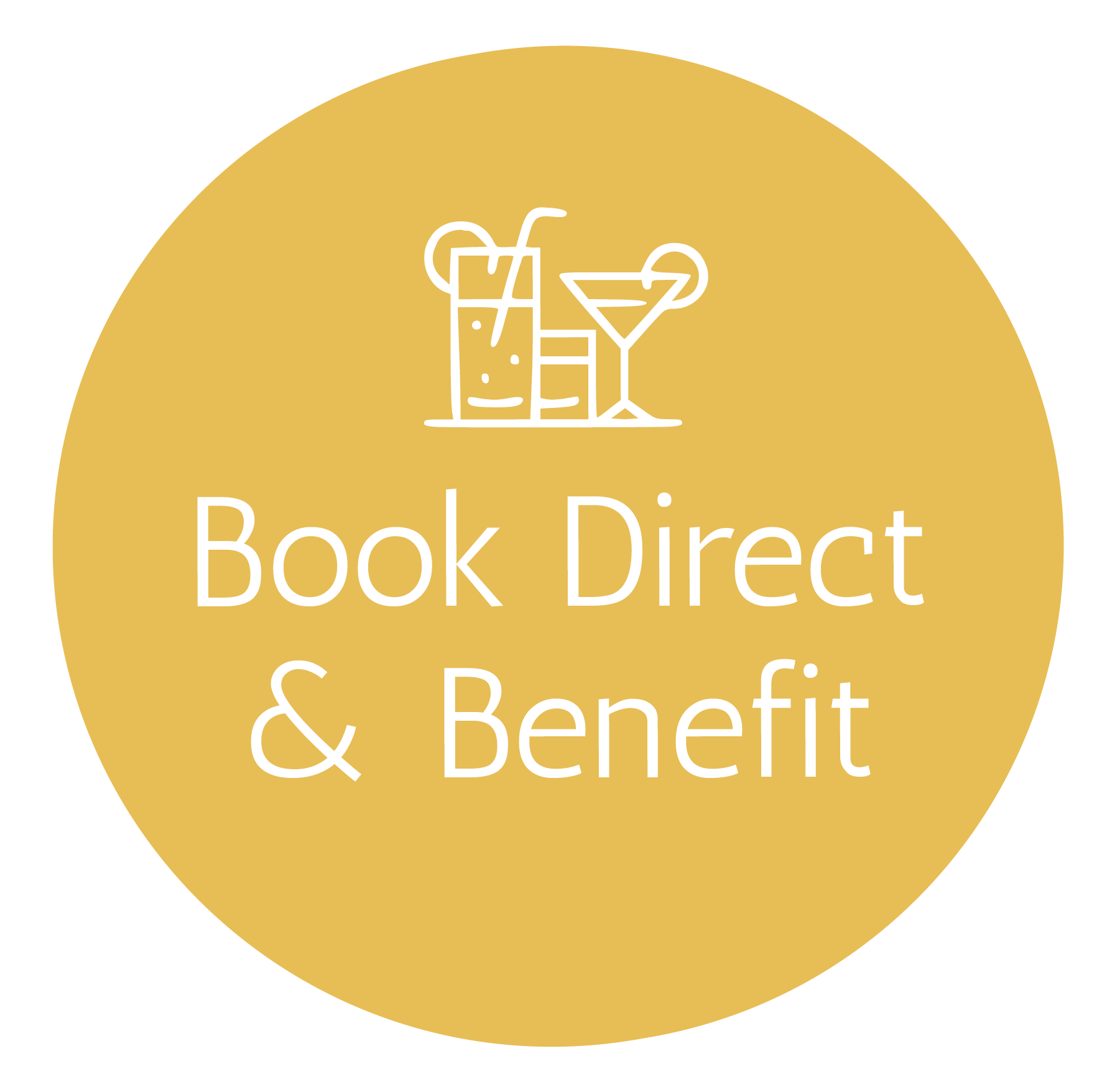 A yellow circle with the words `` book direct & benefit '' on it. t Klooster Hotel Curacao