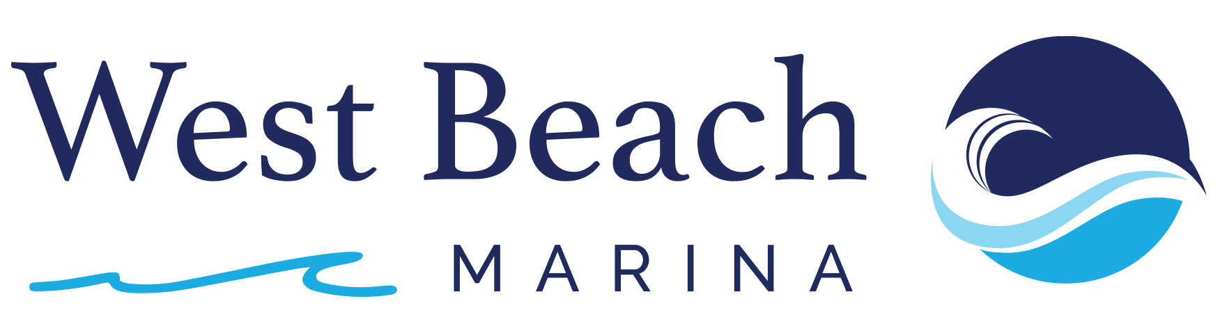 West Beach Marina logo with text and wave graphic.