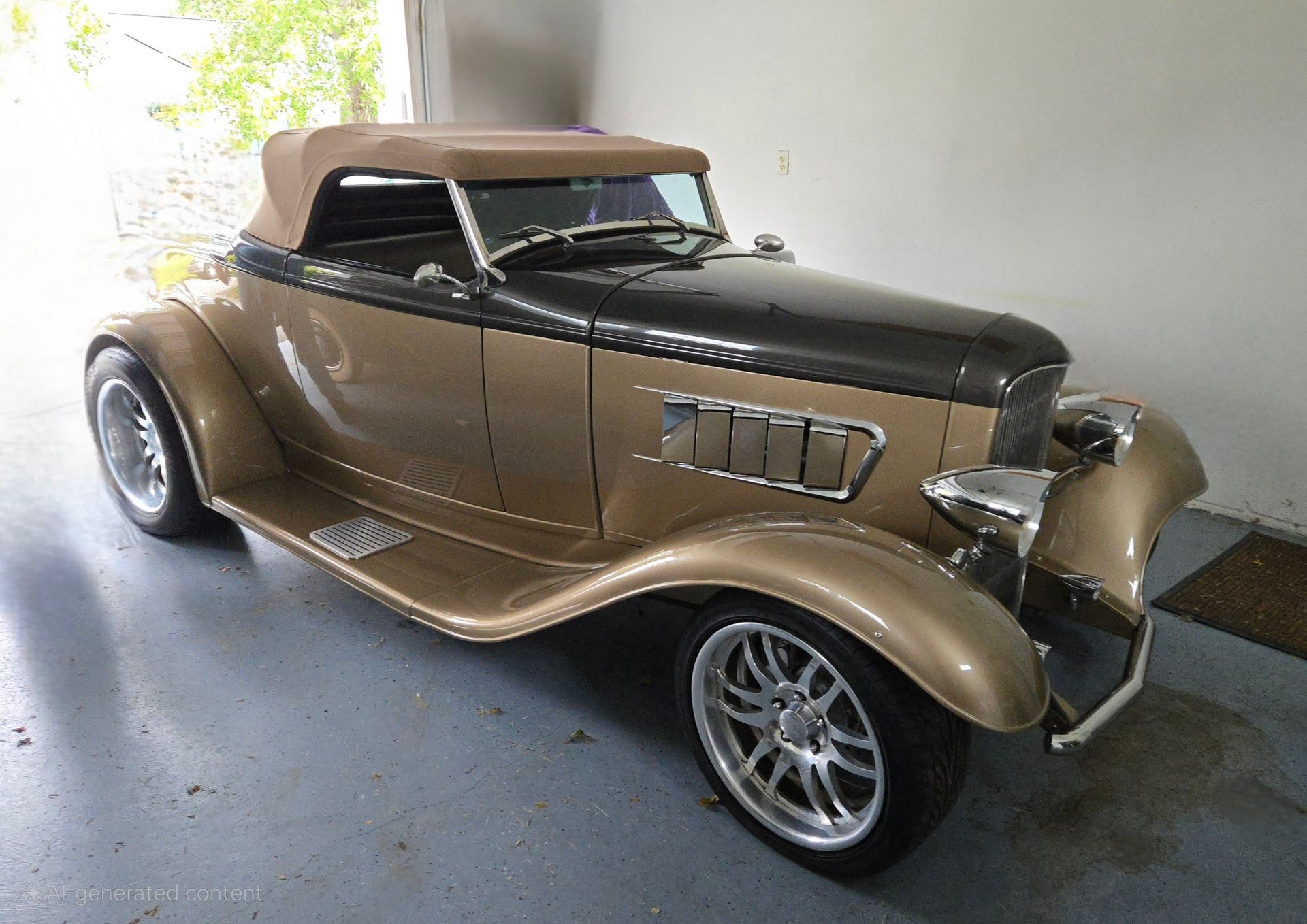 Gold and black classic convertible car parked inside a garage.