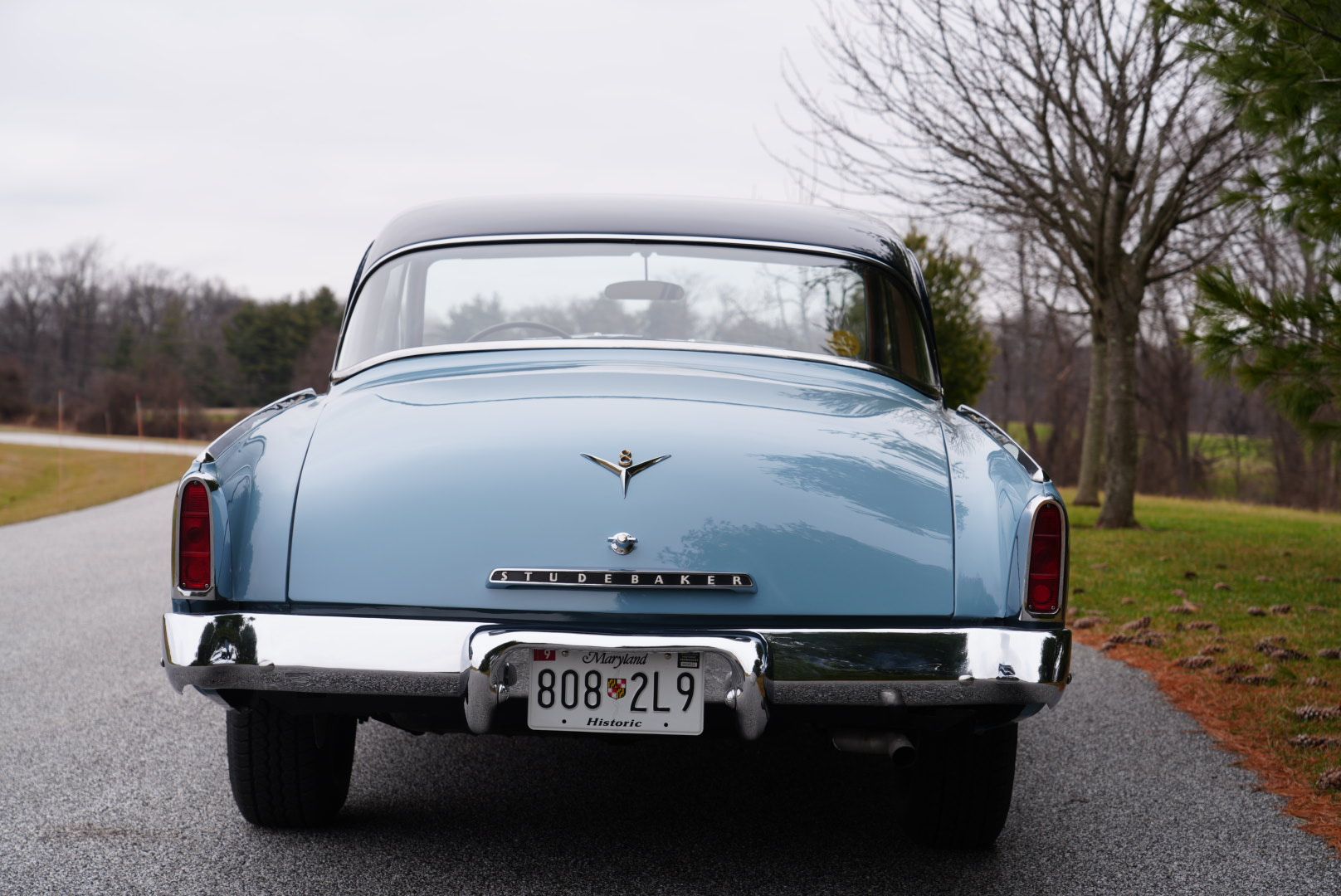 Rear view of a light blue vintage Studebaker car with a black roof, parked on a road.