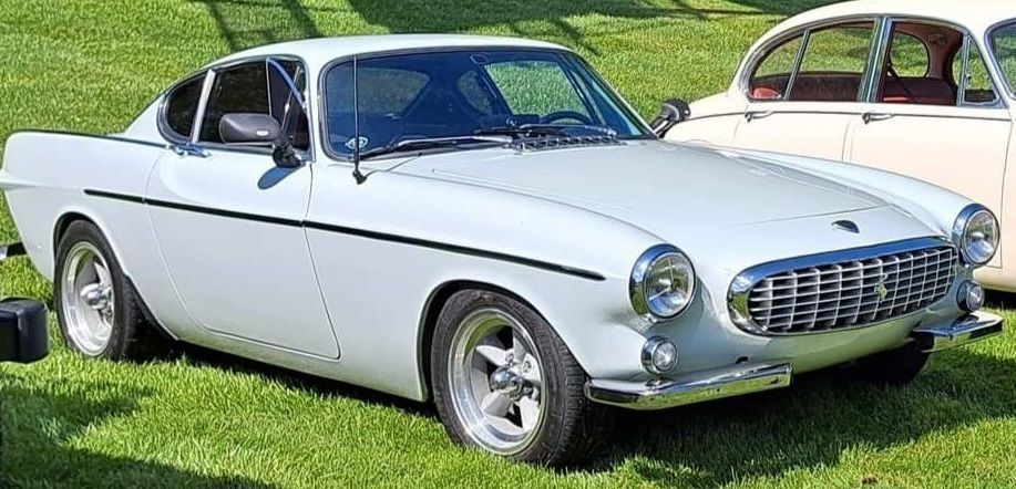 A light gray vintage Volvo P1800 coupe parked on grass. Another car is partially visible in the background.