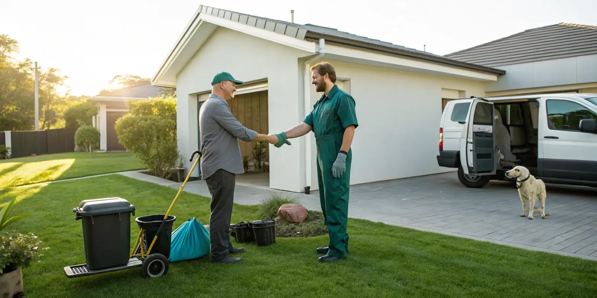 A pet waste removal company professional shakes hands with a happy homeowner, with a service van nearby.