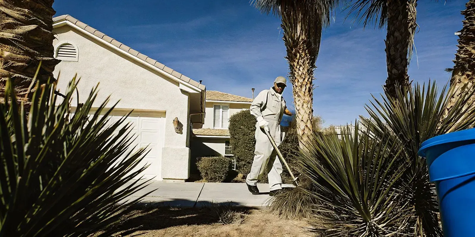 Professional pet waste removal technician in a Las Vegas residential yard collecting dog waste with a rake and bucket on a sunny day