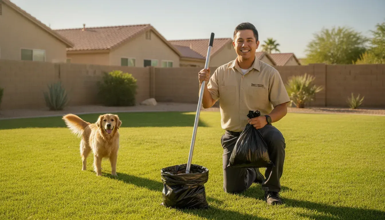 Professional pooper scooper cleaning a bright residential yard