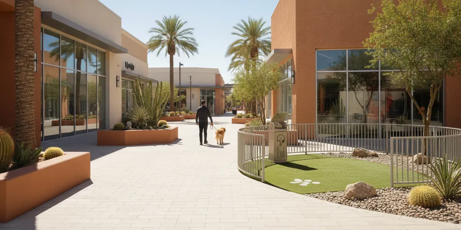 Bright, clean Las Vegas retail center walkway beside a landscaped pet-friendly outdoor area