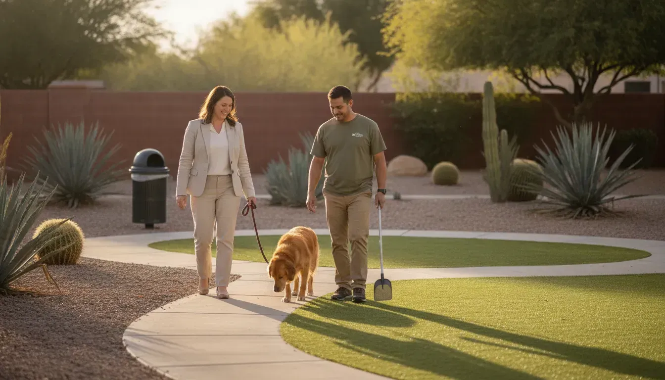 Clean apartment community dog relief area with service technician