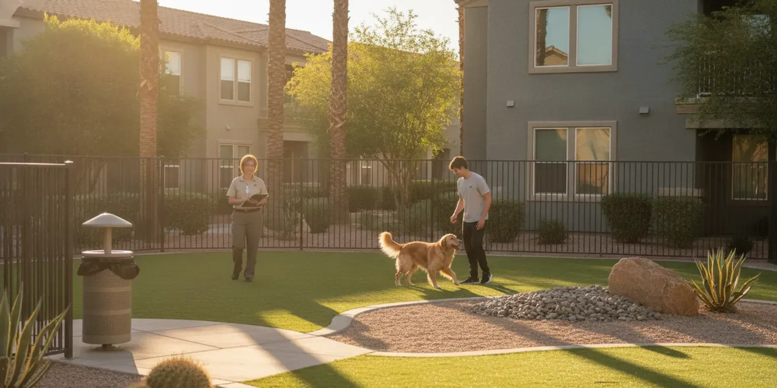 Apartment dog park cleaning schedule Las Vegas planning with a property manager checking a clean, fe