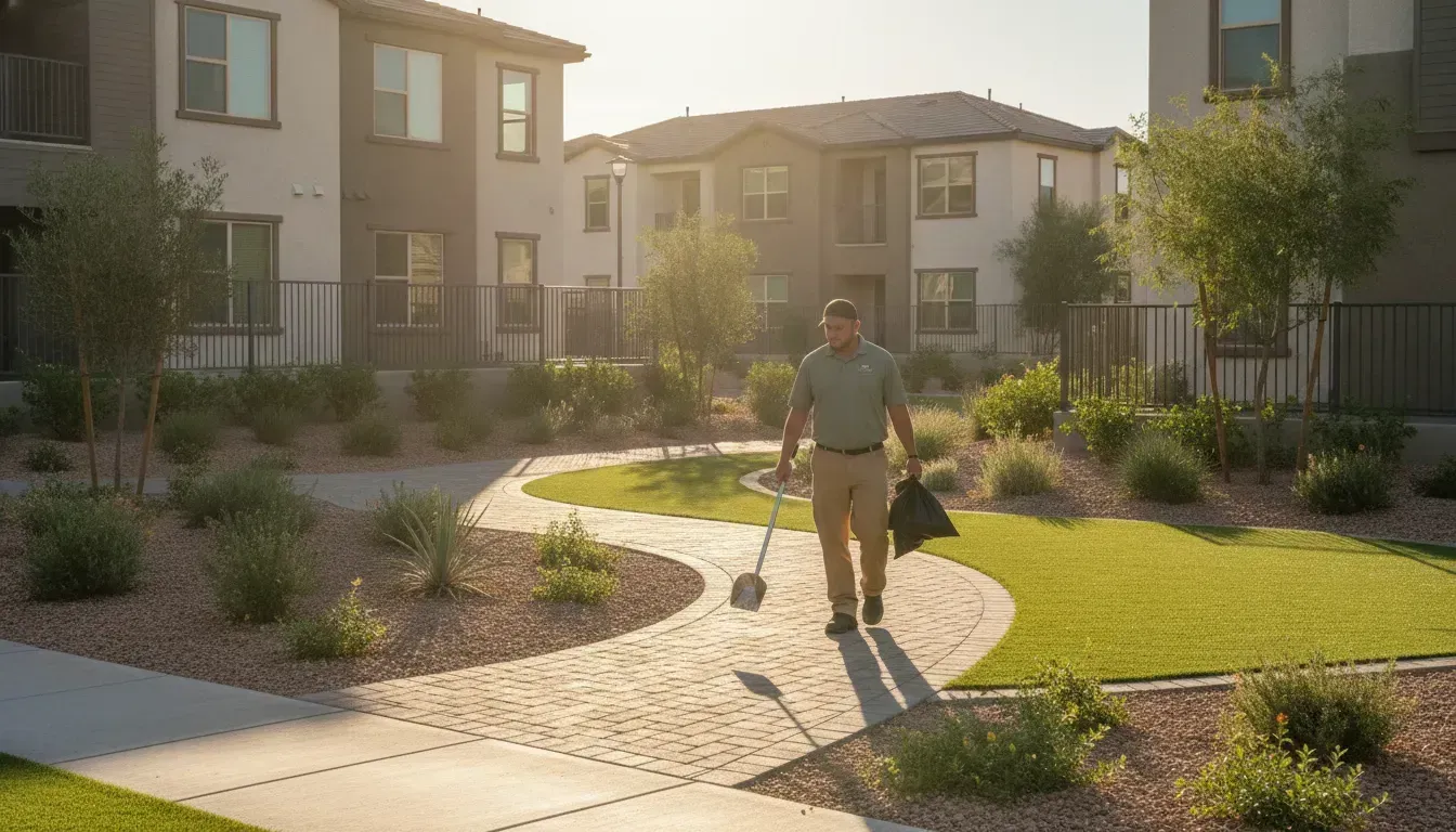 Apartment dog poop pickup Las Vegas technician maintaining a clean community walkway