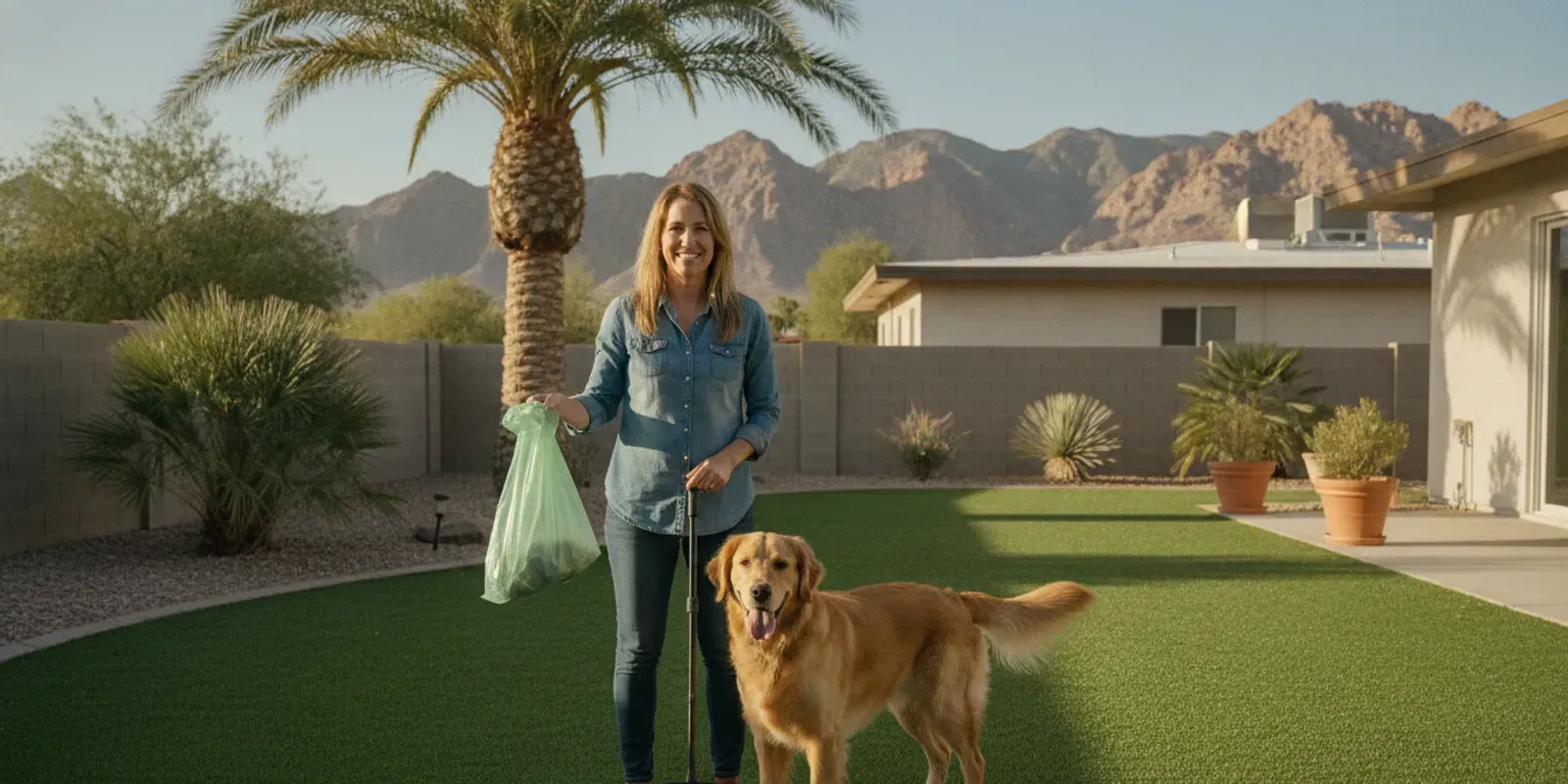 Dog owner with a waste bag and scoop in a tidy backyard with a dog nearby
