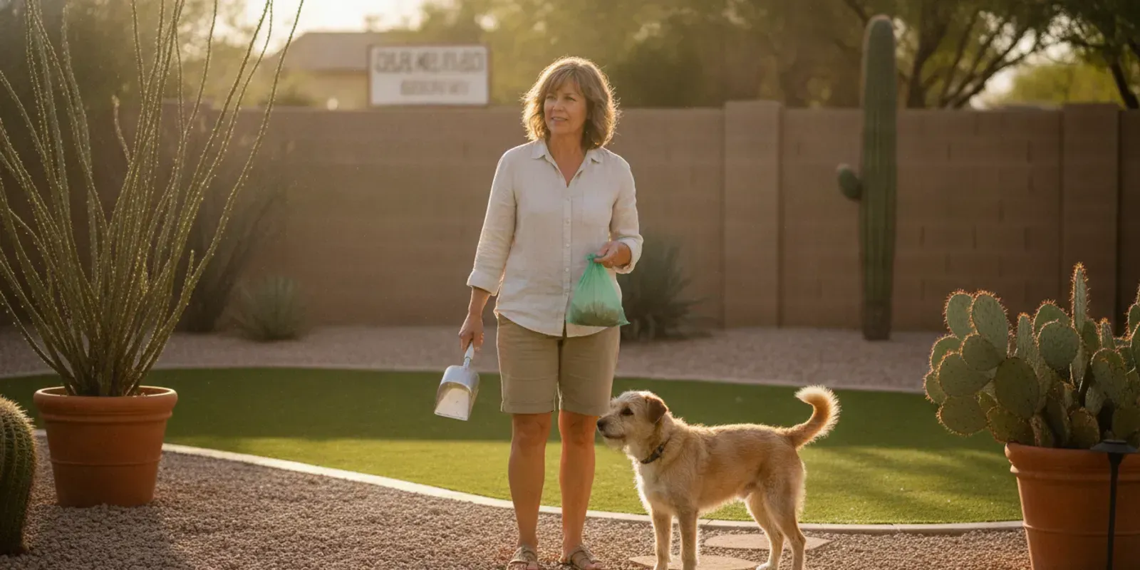 A Tucson-area dog owner reviewing a clean backyard while a dog stands nearby