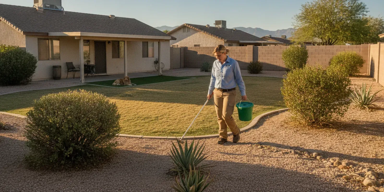 Pet waste removal technician walking through a residential yard with cleanup tools