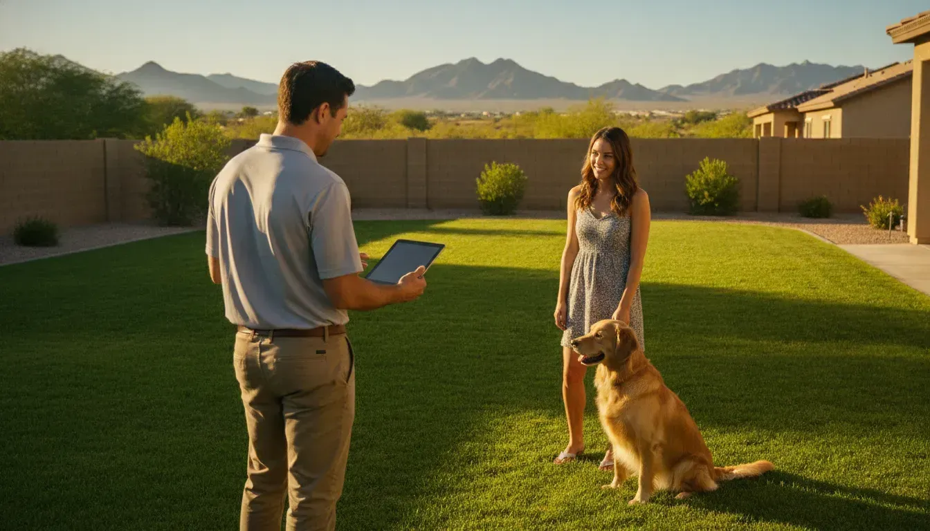 A1 pet waste removal technician discussing clean yard service options with a dog owner