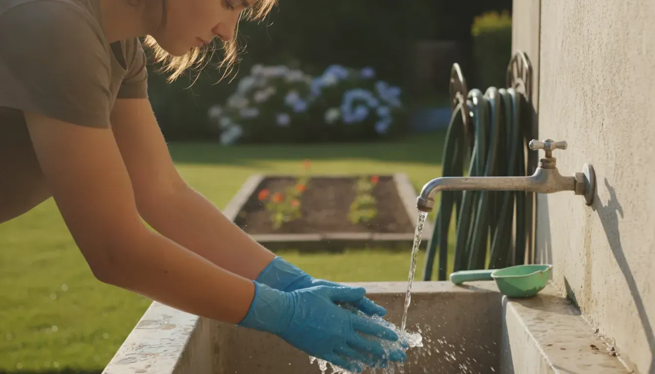 Pet owner washing hands after scooping dog waste in a bright yard