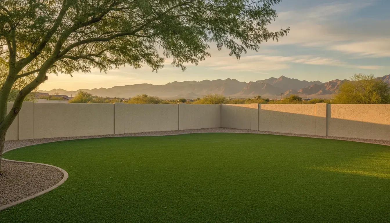 Clean artificial turf in a Tucson backyard with desert mountains beyond a stucco wall