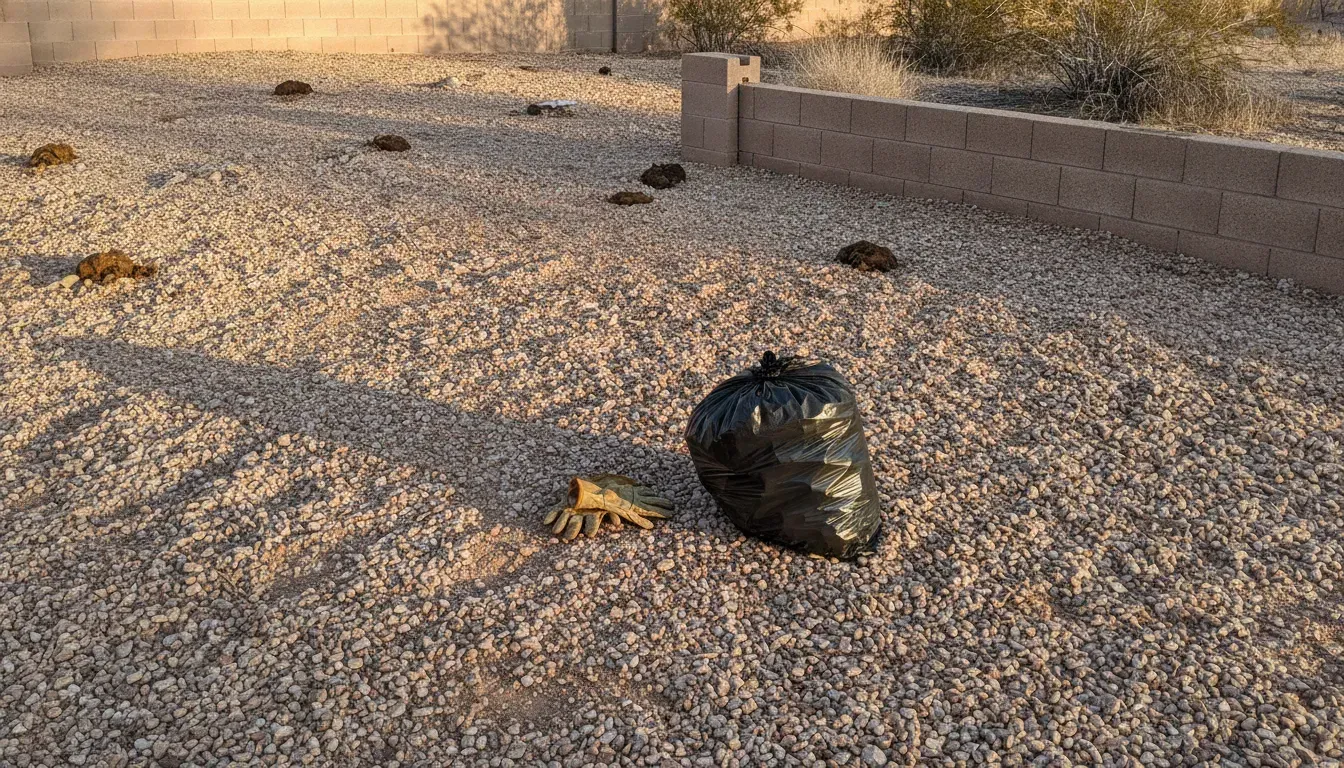 Gloves and a tied bag beside dog waste in a desert yard along a block wall