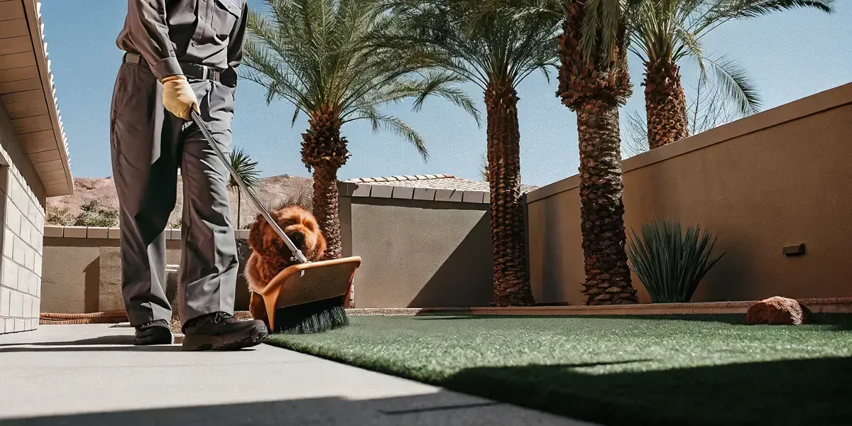 Pet waste removal technician cleaning a Las Vegas backyard with palm trees