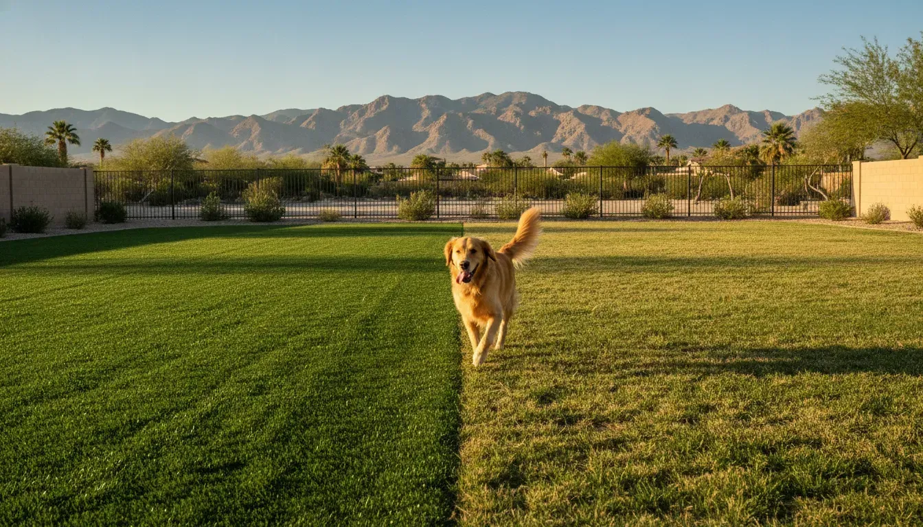Dog running across natural grass and artificial turf in a sunny Las Vegas backyard
