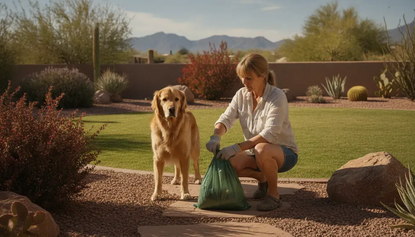 Bright backyard scene with a securely bagged dog waste pickup