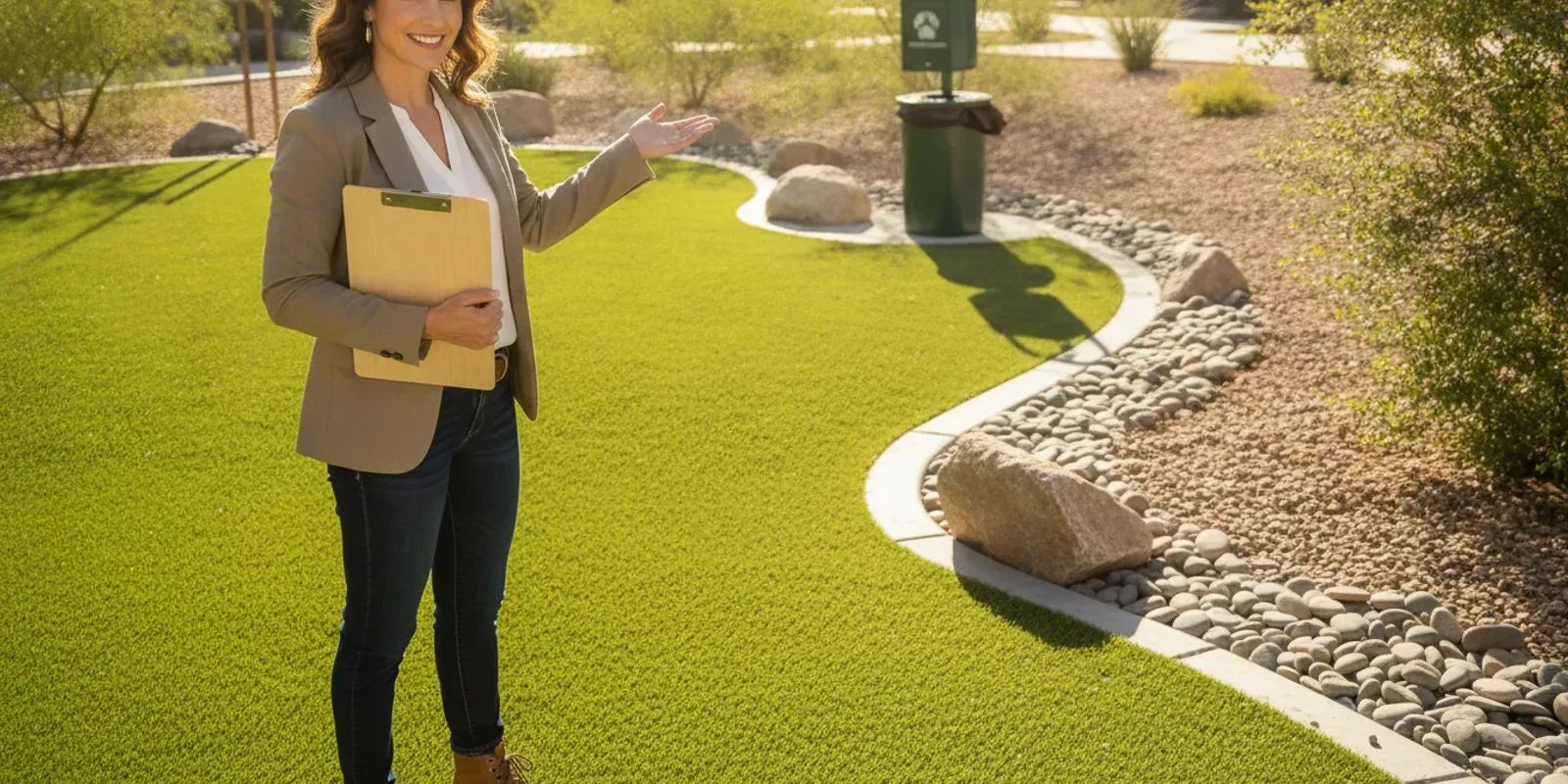Property manager reviewing a pet waste service checklist beside a clean apartment community dog run