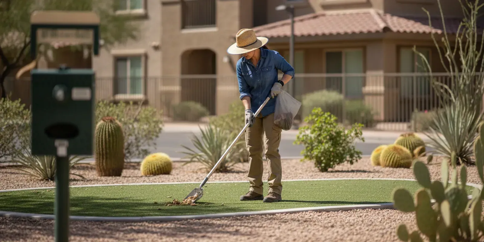 Commercial pet waste technician cleaning a landscaped apartment community dog area