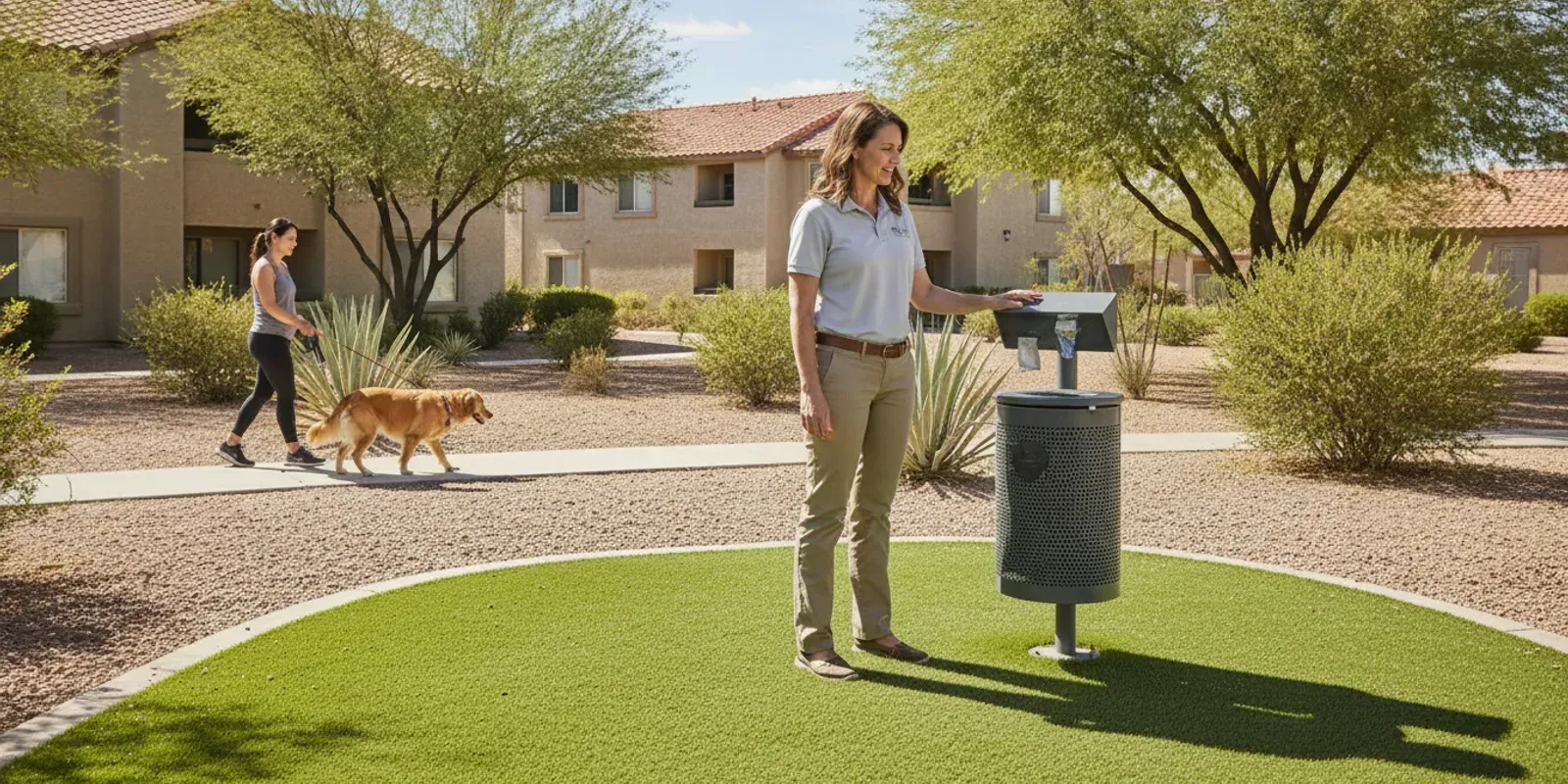 Property manager inspecting a clean, fenced dog-relief area with waste station and artificial turf i