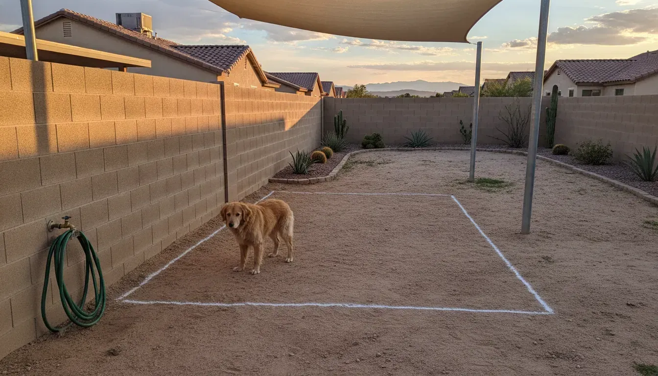 Dog standing beside a marked backyard area planned for pet turf in a Las Vegas yard