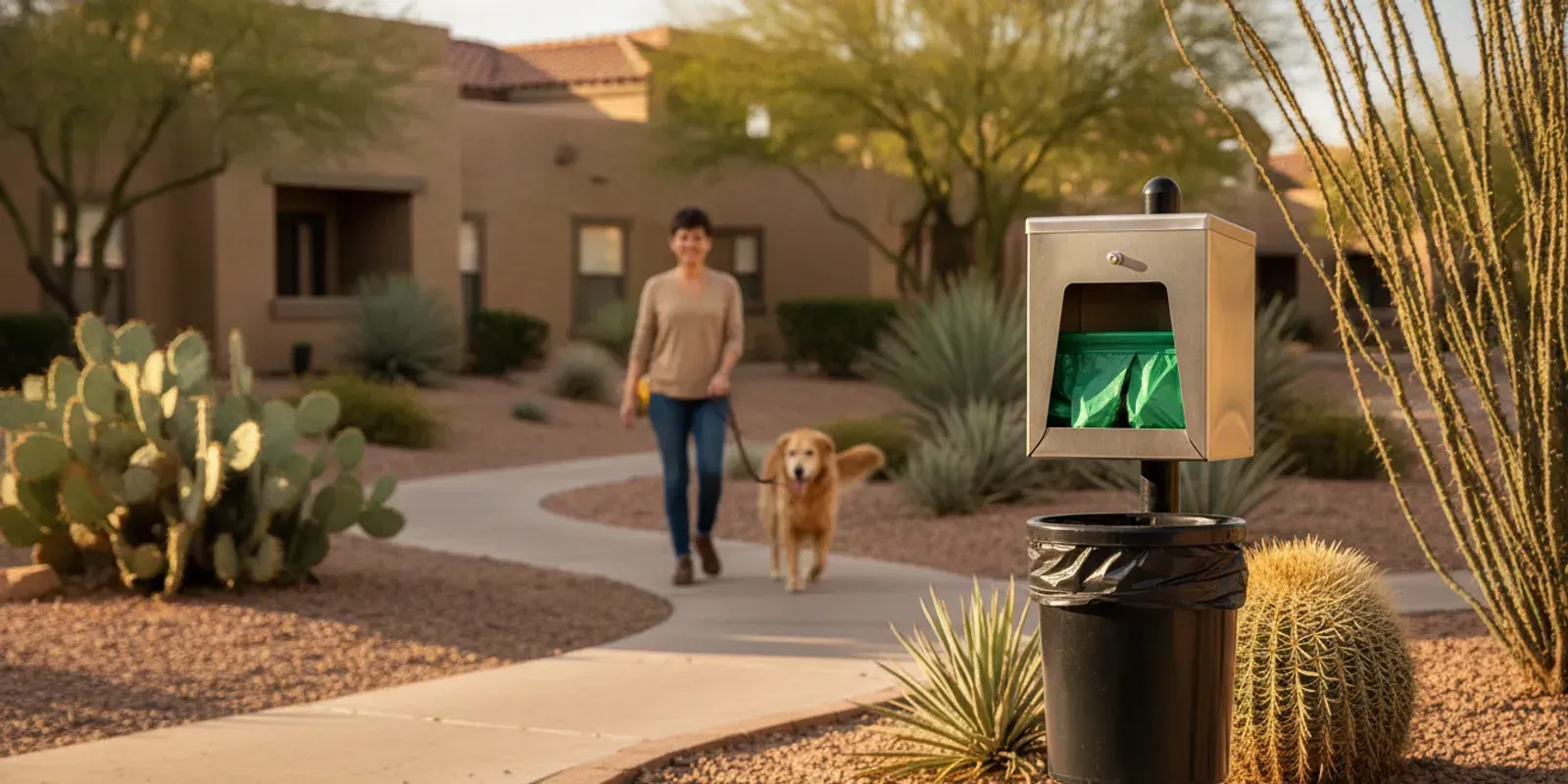 Combo pet waste station with bag dispenser and waste bin on a landscaped community walkway