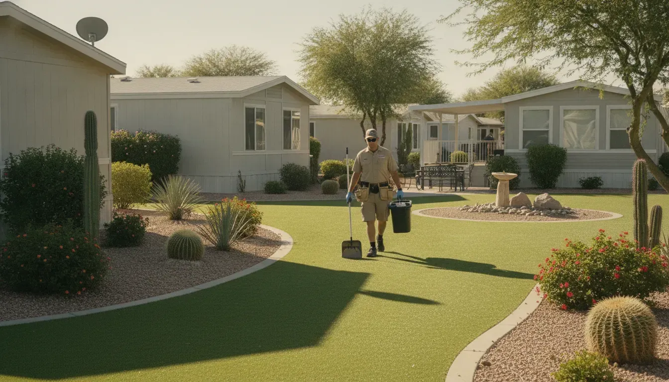 Professional pet-waste technician in a bright mobile-home community