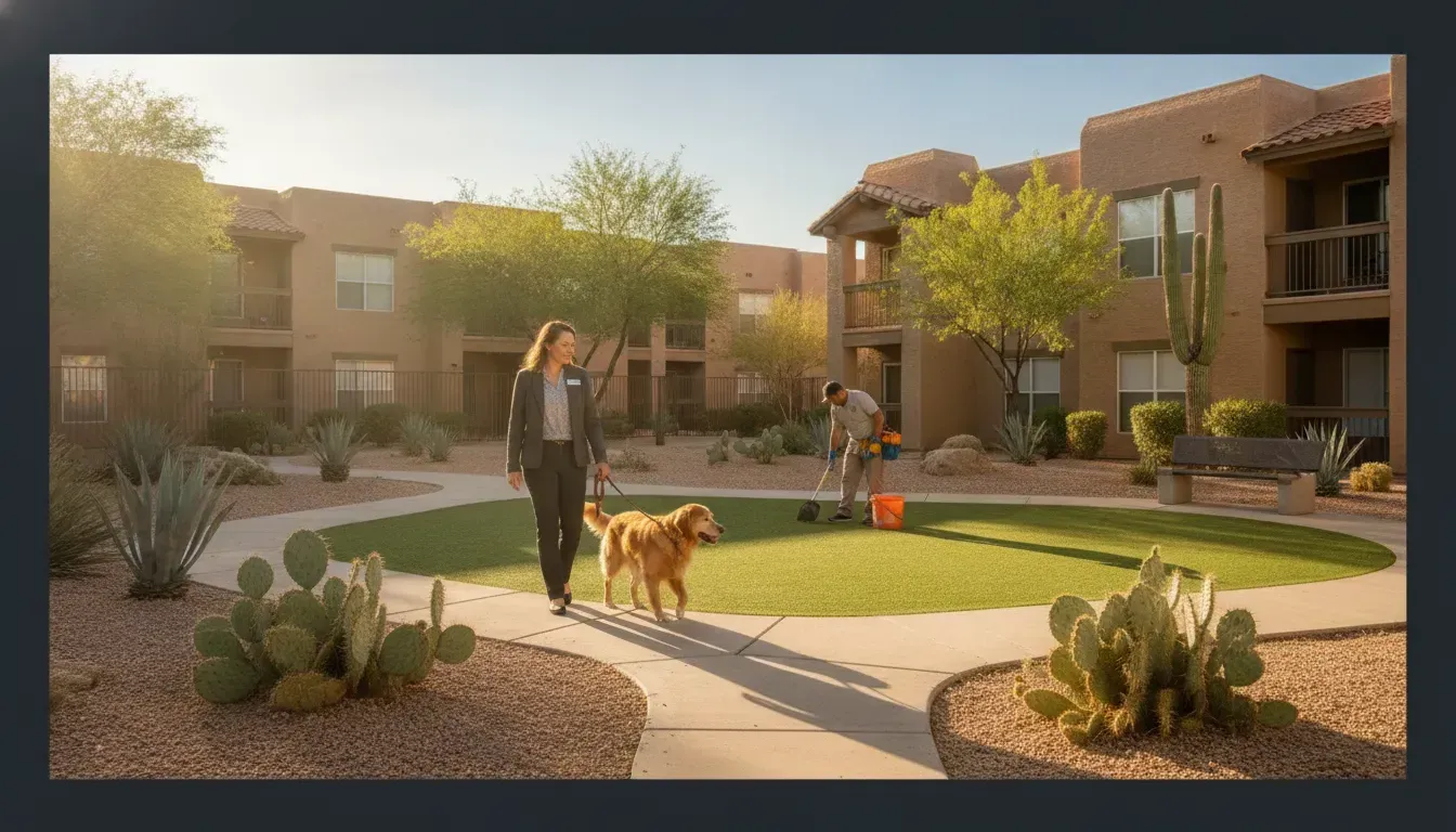 Bright Tucson apartment dog area maintained by a pet waste technician