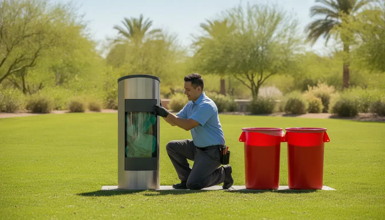 Technician servicing a commercial pet waste station at a clean Las Vegas business park