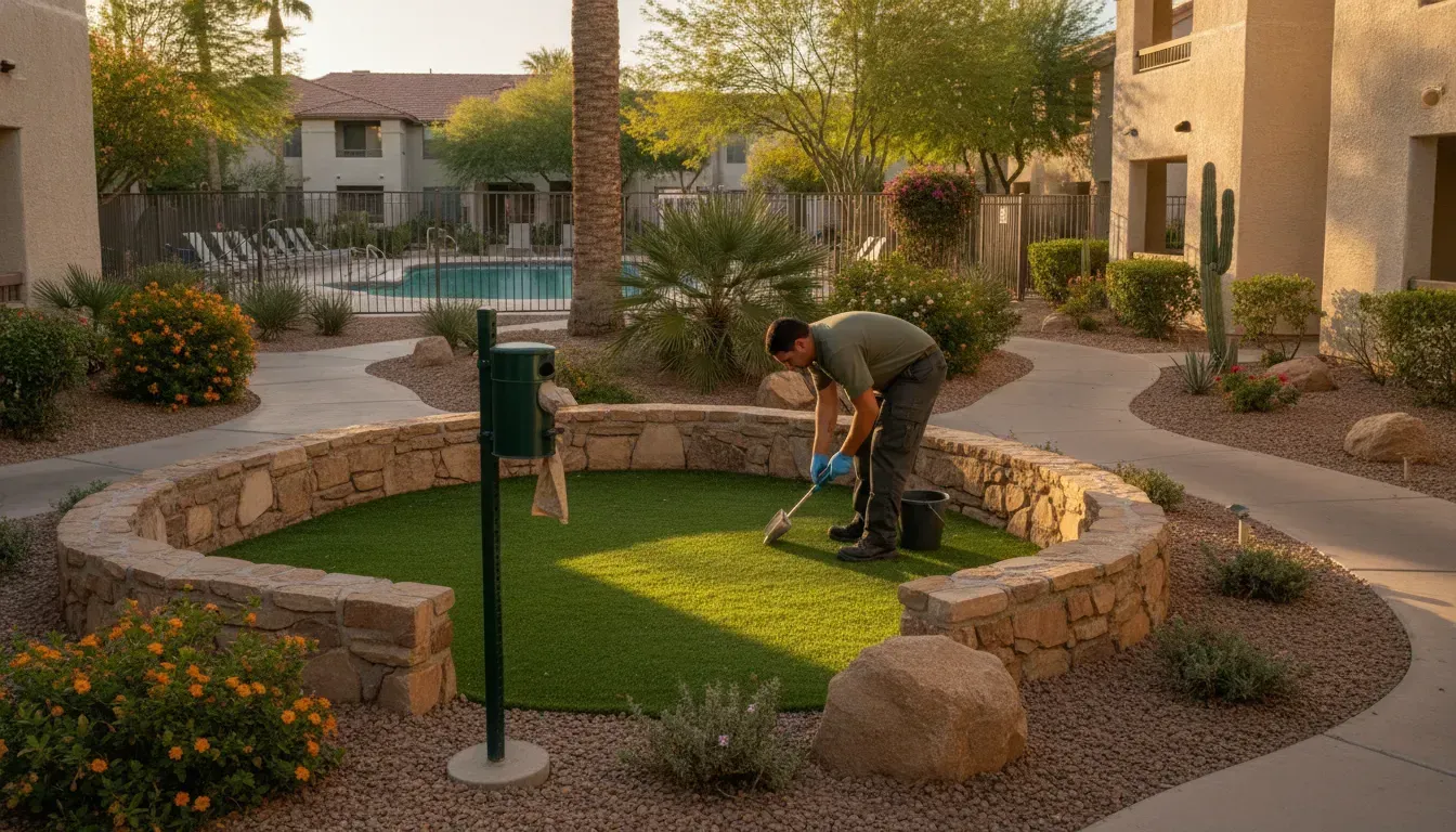 Condominium pet waste removal service in a clean shared courtyard