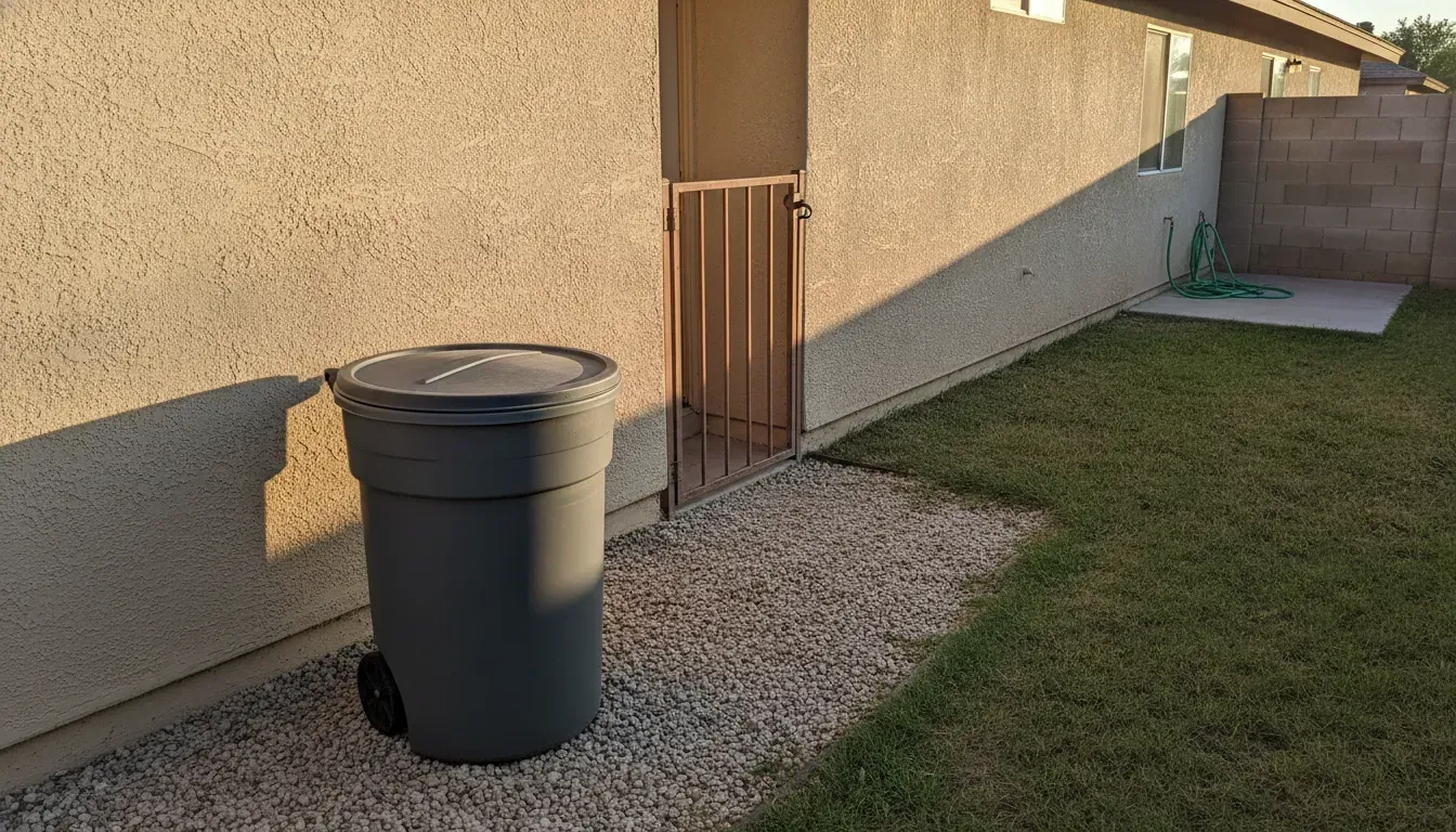 Closed outdoor dog poop bin in the shade beside a Las Vegas side gate