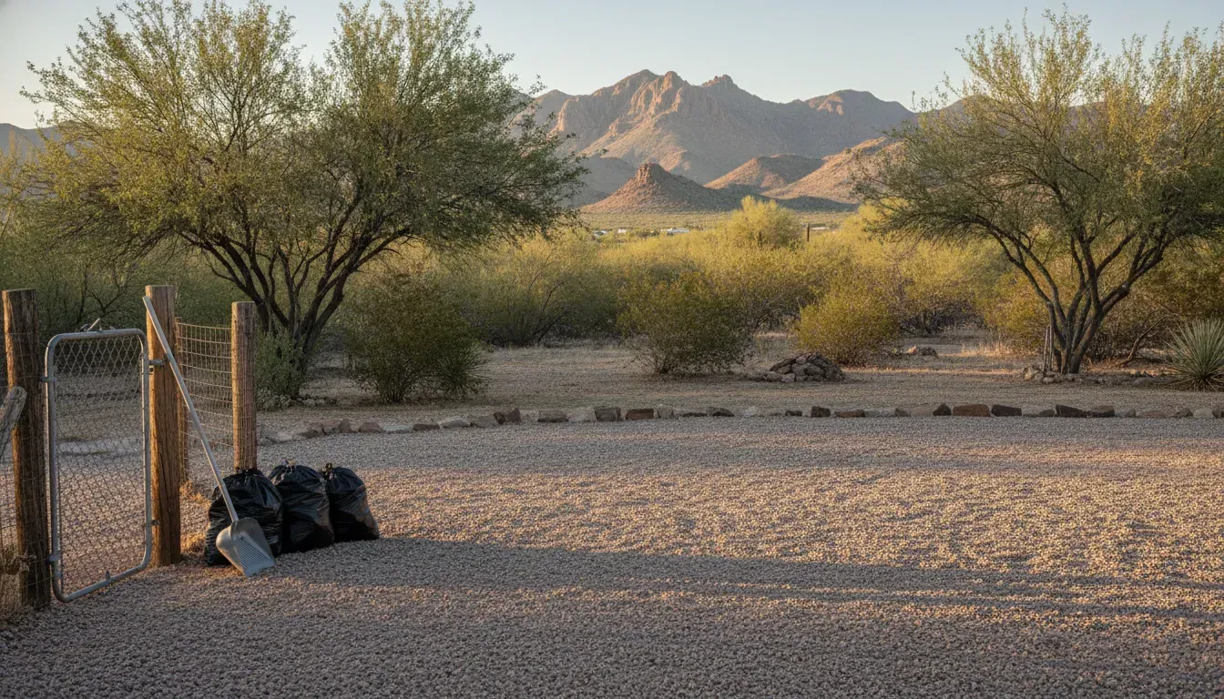 Gravel Tucson backyard with sealed waste bags and a scoop by a gate after dog poop cleanup