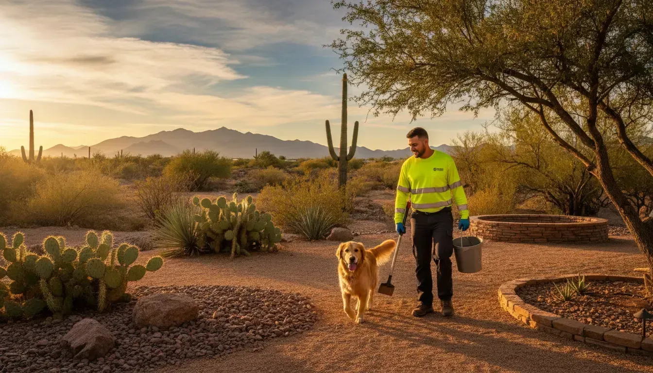Professional dog poop service technician and dog in a bright Tucson desert yard