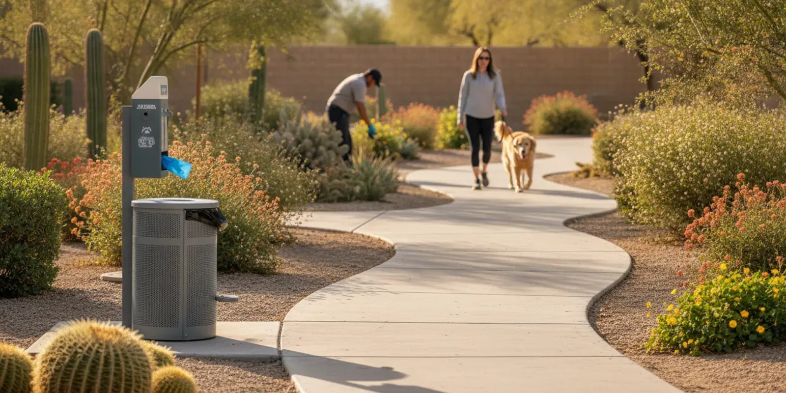 Dog waste stations with bag dispenser and waste bin along a clean community walking path