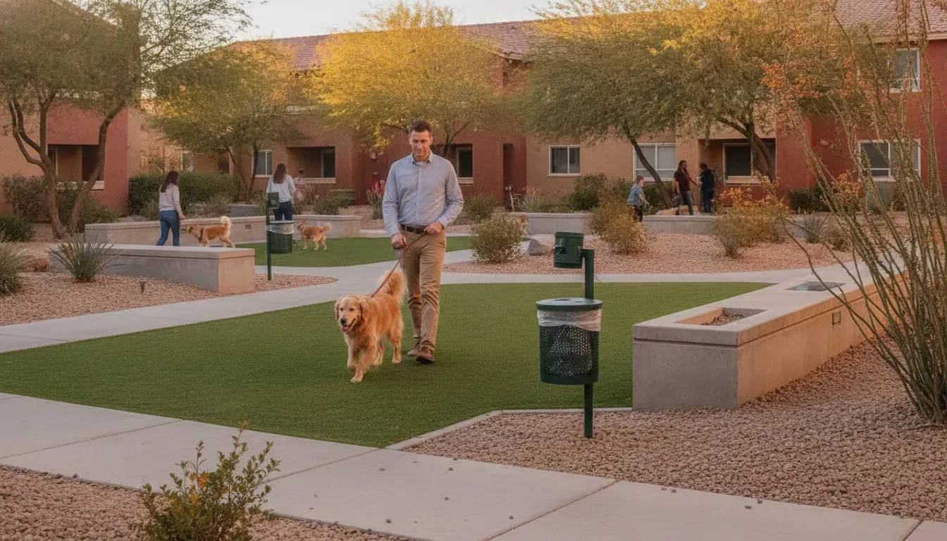 Property manager inspecting a clean dog waste station at a Las Vegas apartment complex