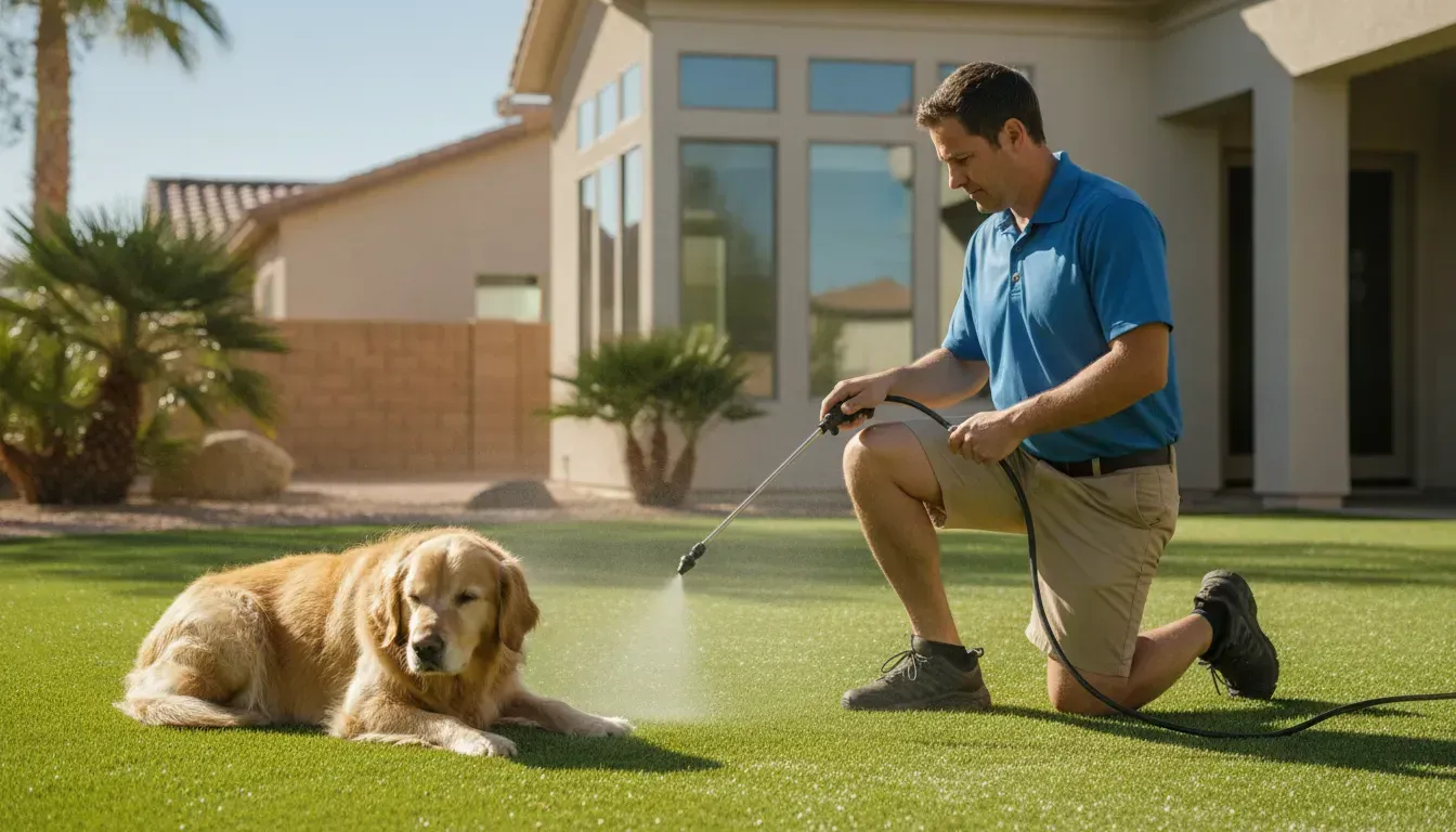 Technician applying enzyme treatment to artificial grass in a sunny Las Vegas backyard while a dog r