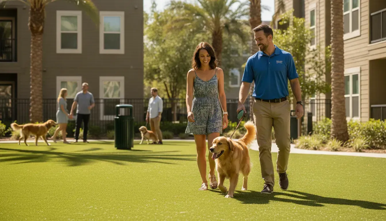 Bright clean apartment dog relief area with professional sanitation