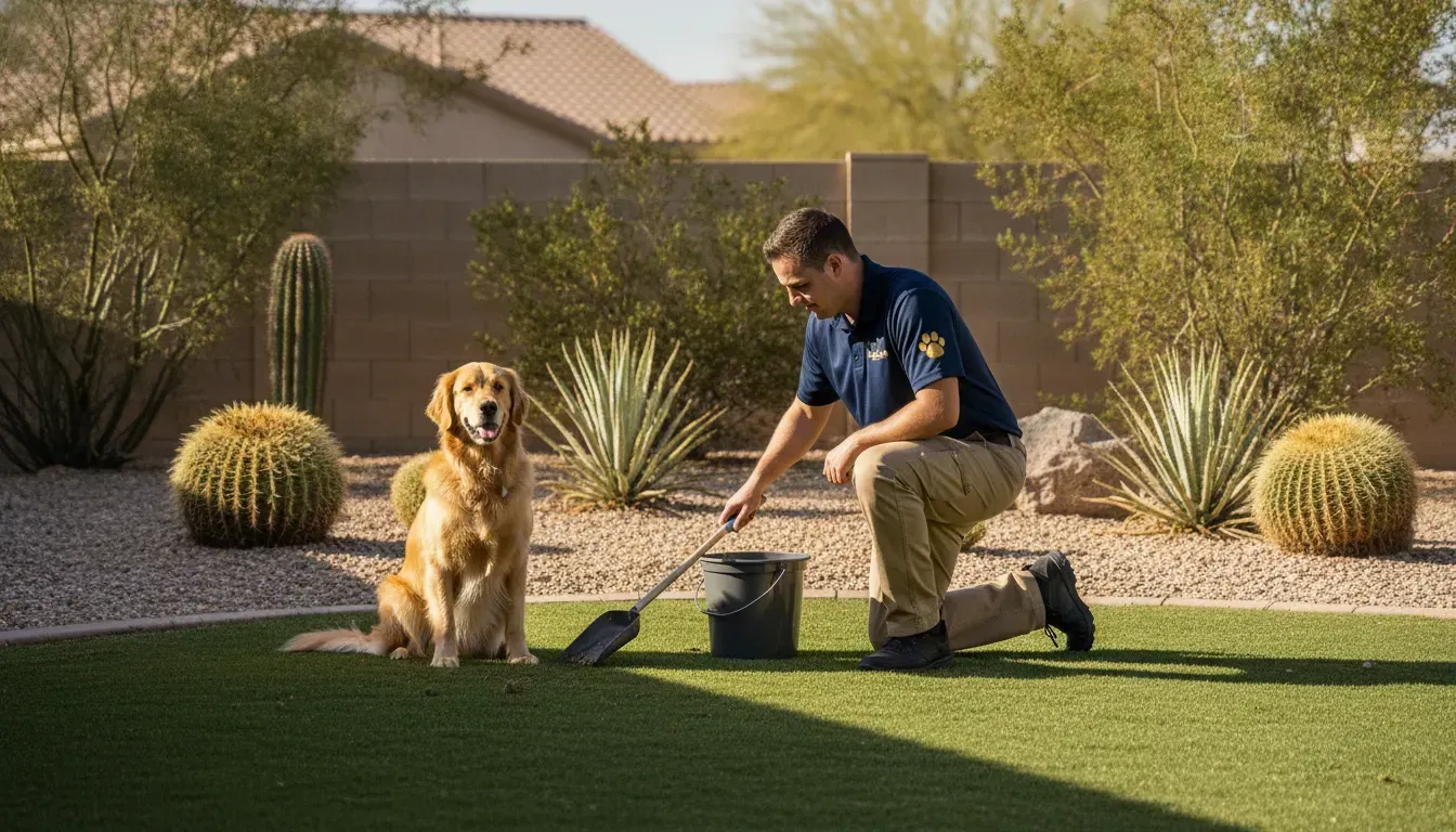 Pet waste management Henderson NV technician cleaning a sunny desert yard