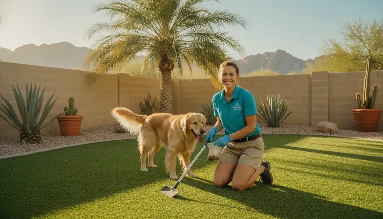Dog waste removal technician cleaning a Las Vegas backyard