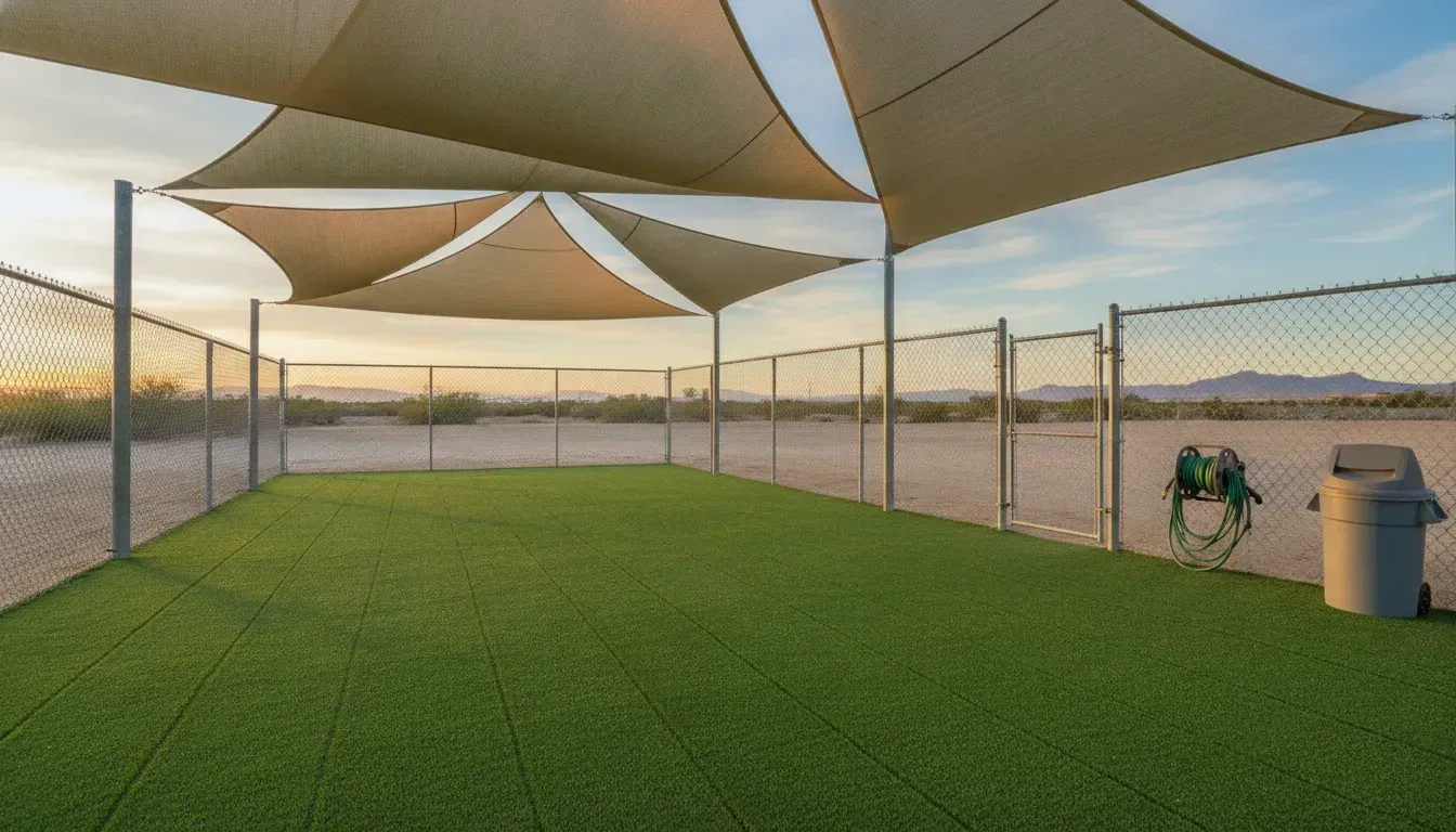 Empty shaded dog daycare play yard with clean artificial turf before opening in Las Vegas morning li