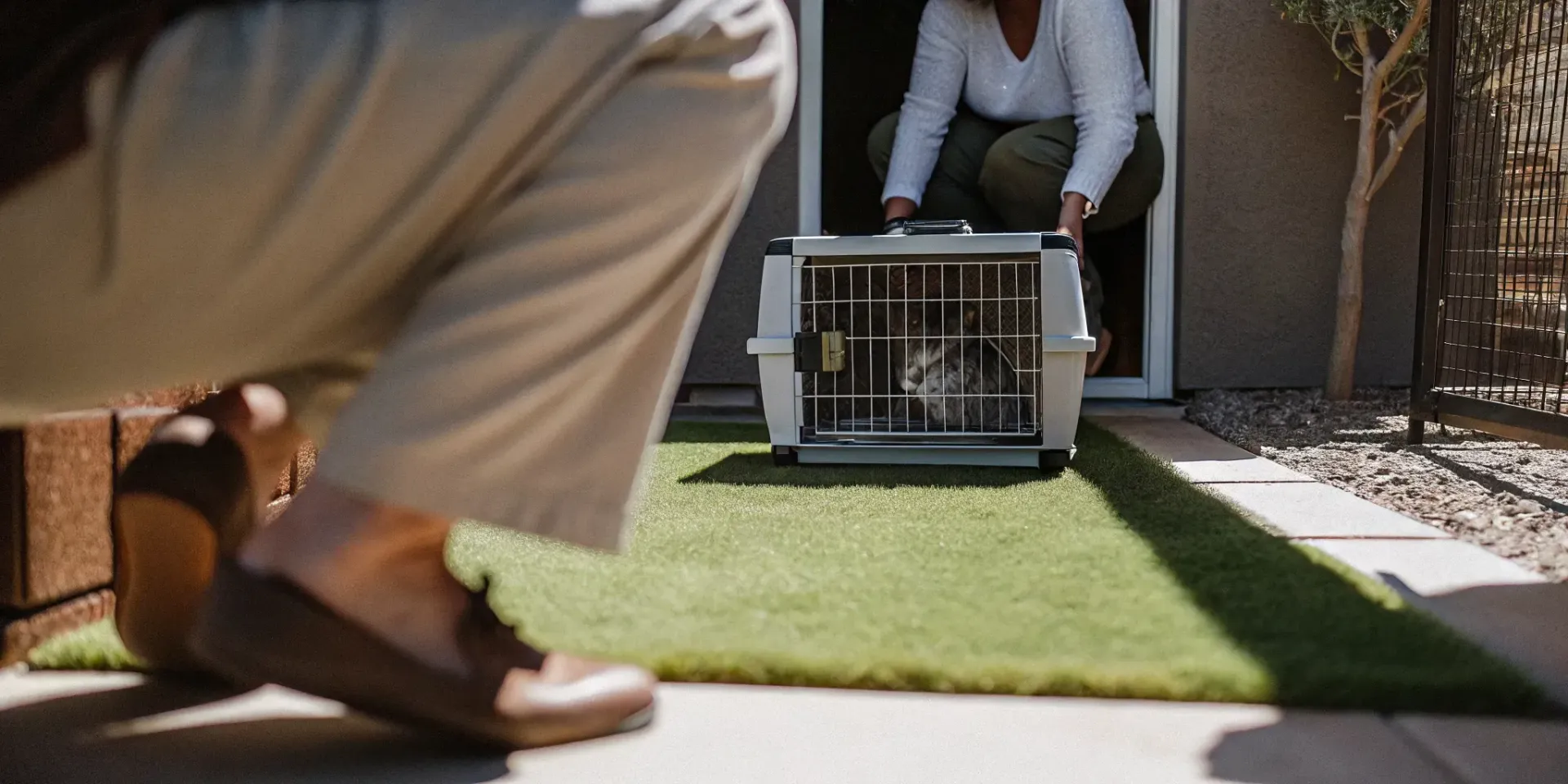 Professional pet waste removal technician cleaning a sunny Las Vegas backyard
