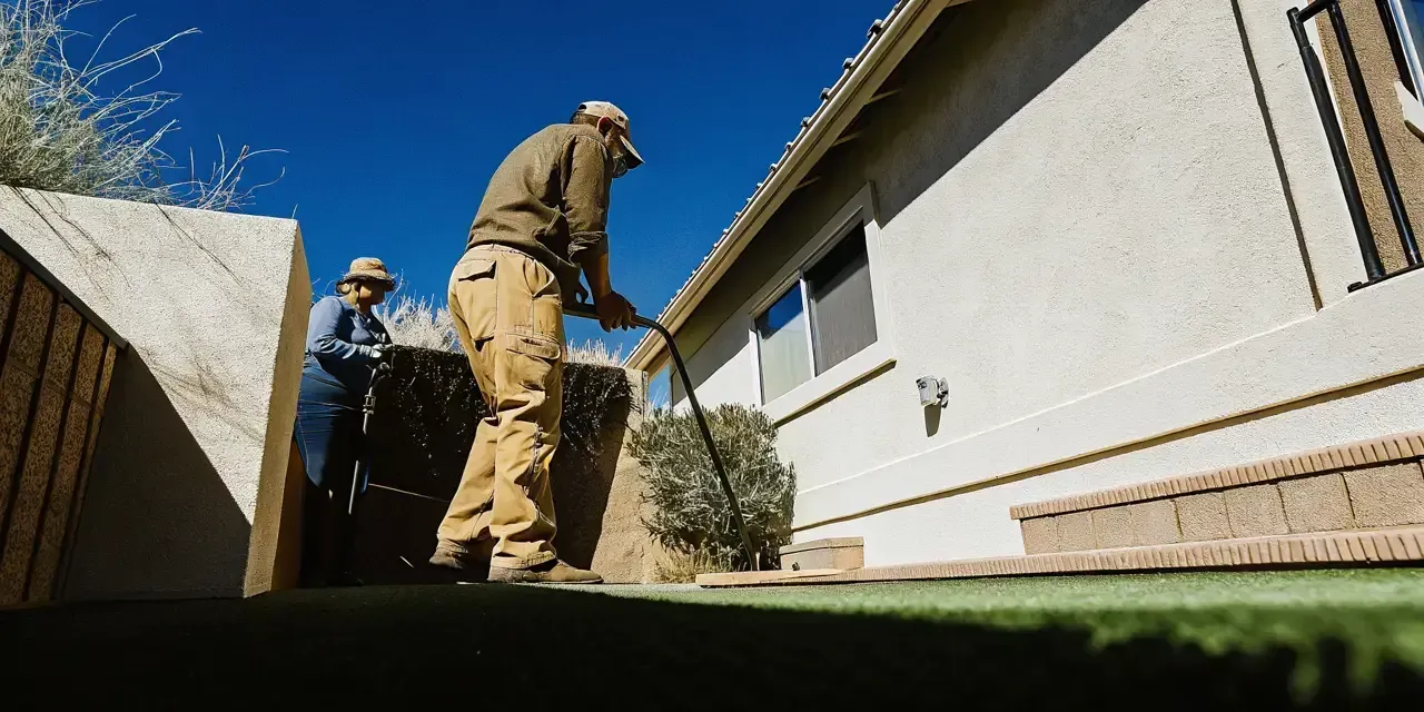 Professional pet waste cleaner picking up after a dog in a tidy Summerlin Las Vegas backyard with green turf
