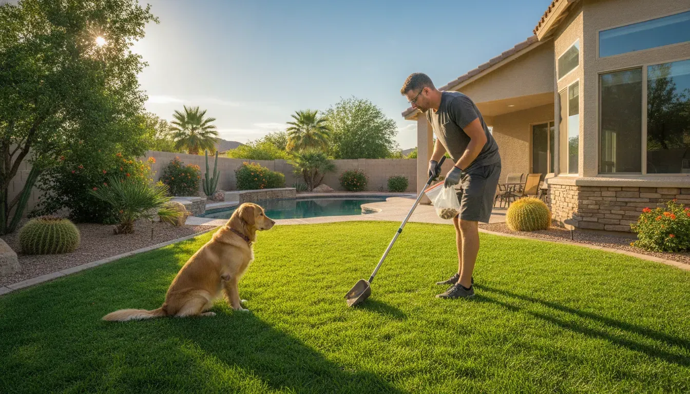 Dog owner removing pet waste from a bright Las Vegas backyard
