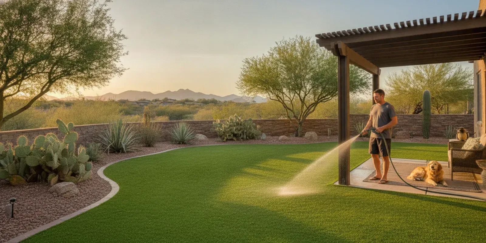 Pet-friendly artificial grass yard being rinsed and cleaned in Tucson