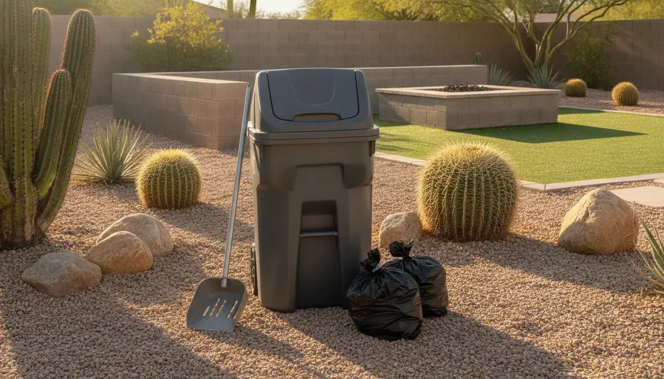 Bright Las Vegas backyard with a lidded dog-waste trash can and scoop