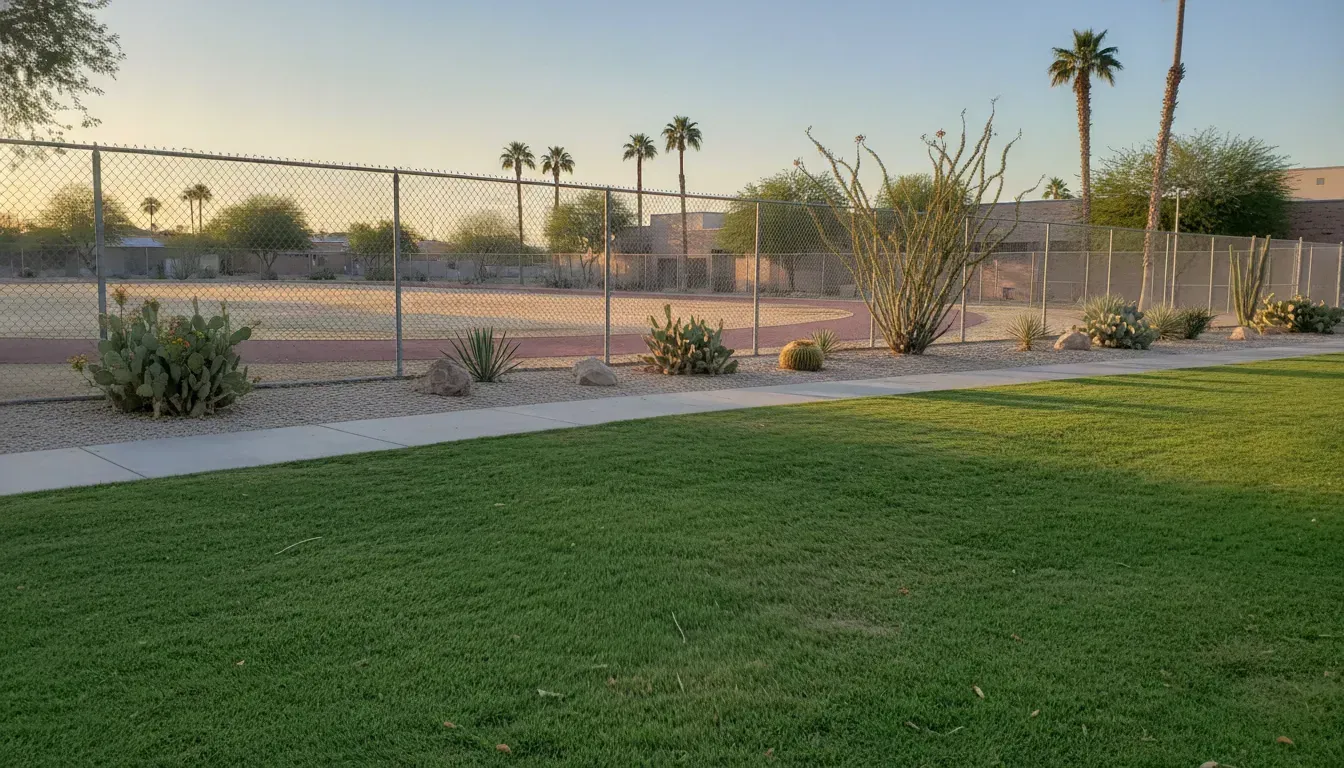 Empty Las Vegas school field and desert landscaping beside a chain-link fence at sunrise