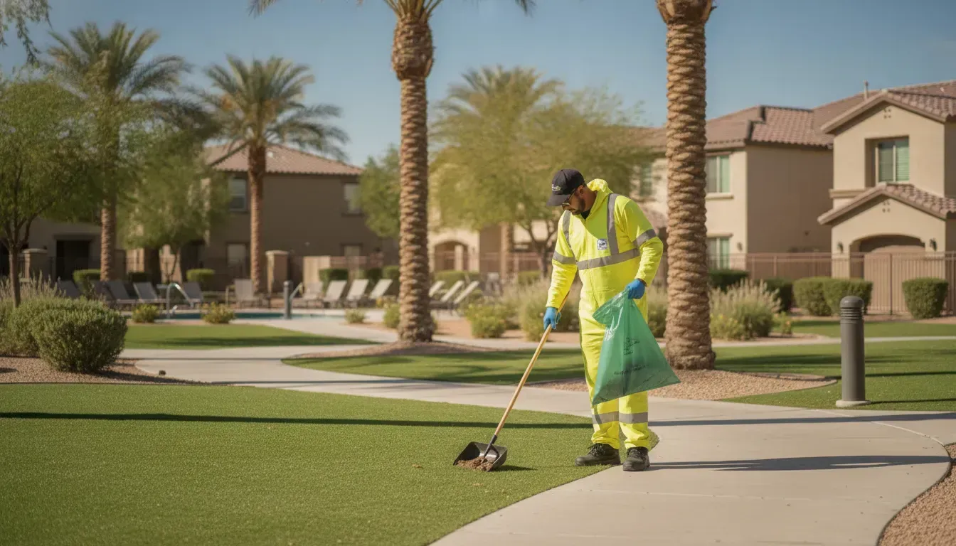 Technician collecting pet waste in a clean Las Vegas HOA community common area
