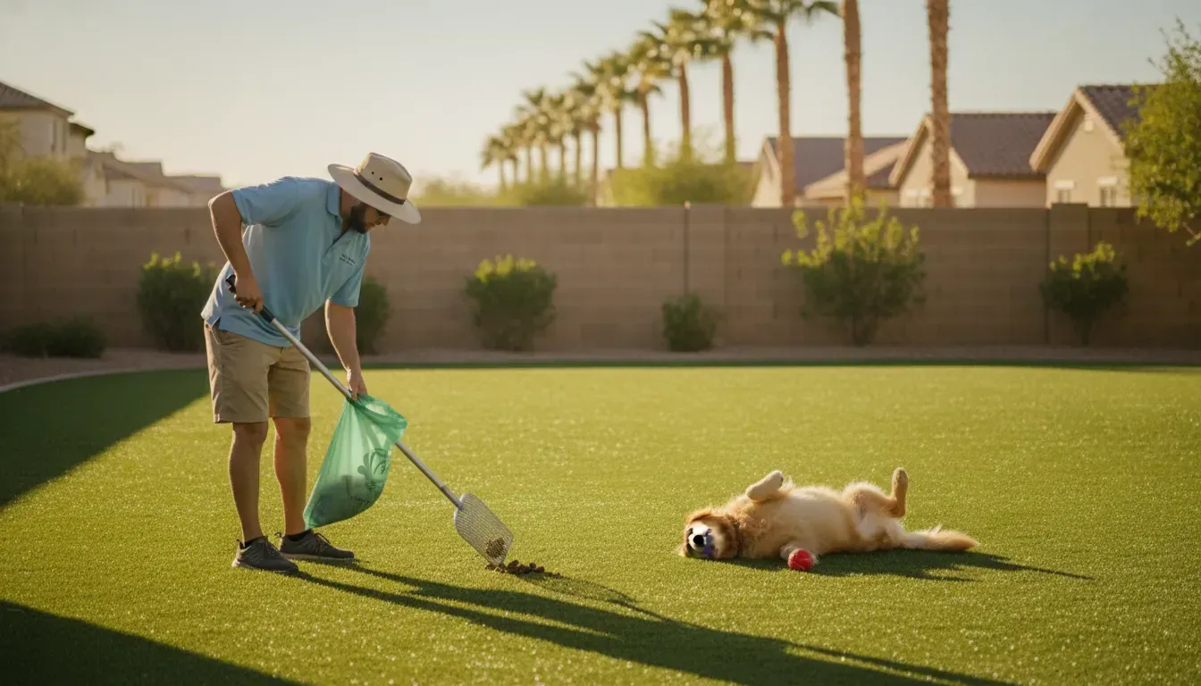 professional dog waste removal technician cleaning a Las Vegas backyard